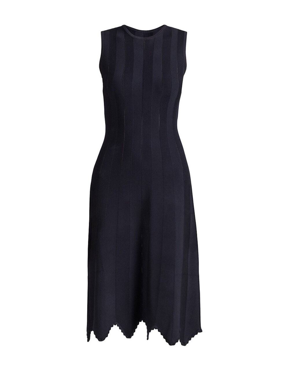 Shoshanna Leia Midi Dress Black Stripe Knit Scalloped Hem Alaila